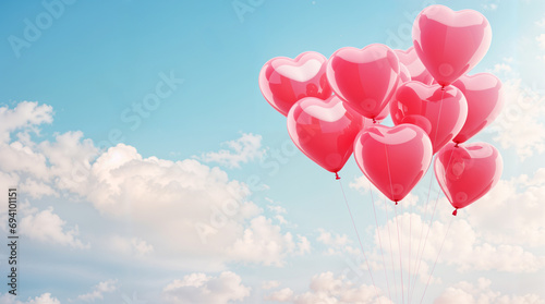 Hearts balloons flying in the sky and clouds, copyspace, valentines day concept, love and romantic valentine's day heart background, 4k