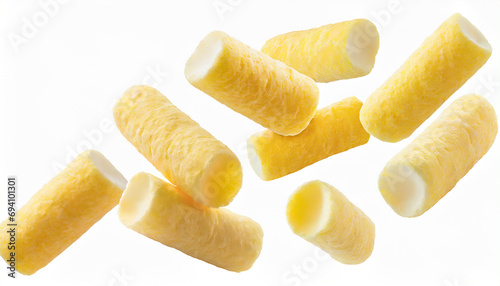 Falling diabetic corn sticks isolated on white background