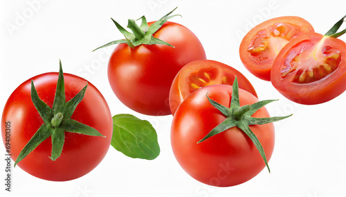 Falling cherry tomatoes isolated on white background with clipping path