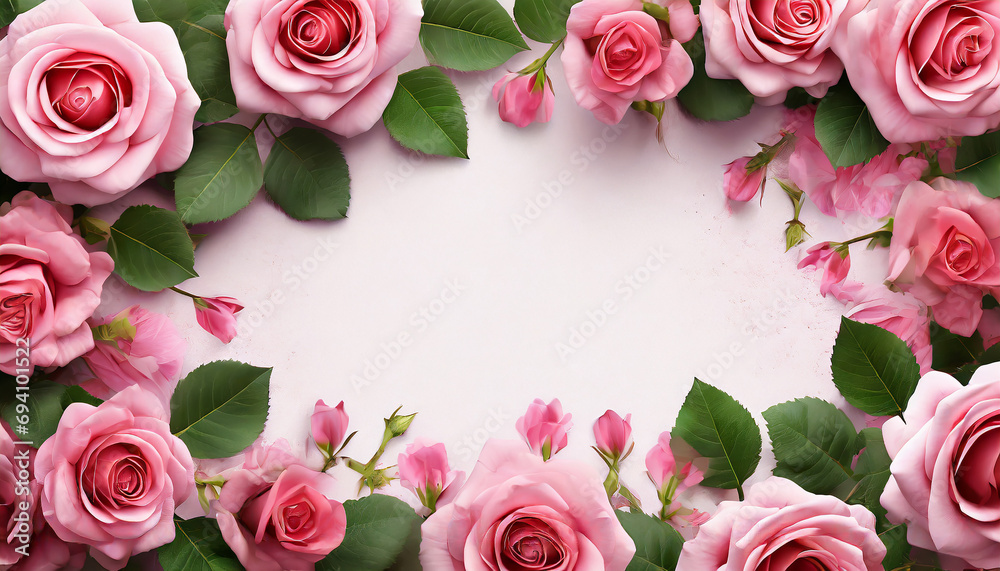 floral romantic card; pink roses as a border or frame