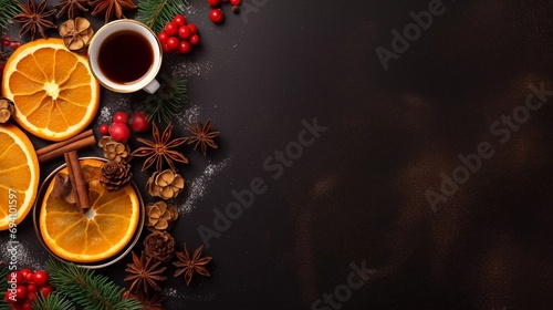 Traditional Christmas warm drink, ripe berries, with slices of orange, spices and cinnamon, top view, flat space, copy space