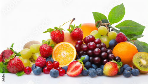 Fruits and berries isolated on white  free space for text