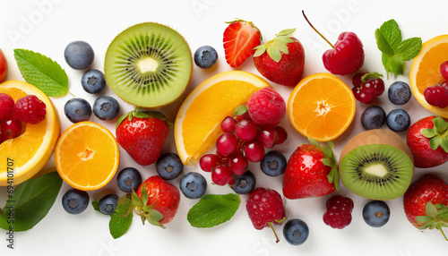 Fruit and berry mix isolated on white background  top view