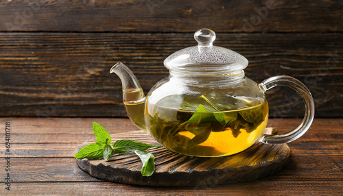 Glass teapot with green tea on dark wooden background