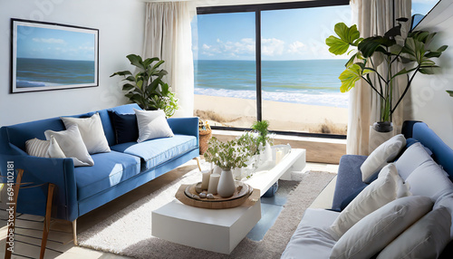 living room interior deisgn with coastal interiod design style white and blue material color scheme and finishing beautiful living room with view window of ocaen beach seascape daylight from window photo