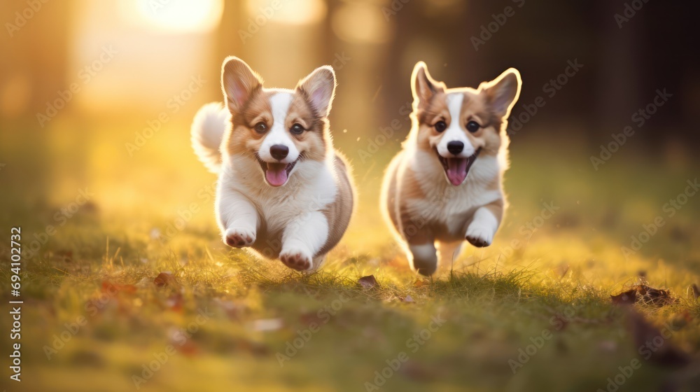 Two cute puppies running across the lawn Two cute puppies running across the lawn