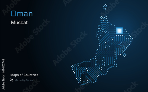 Oman Map with a capital of Muscat Shown in a Microchip Pattern with processor. E-government. World Countries vector maps. Microchip Series