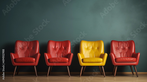 Row of four armchairs. Three red and one yellow retro-style armchairs on green wall background © HQ2X2