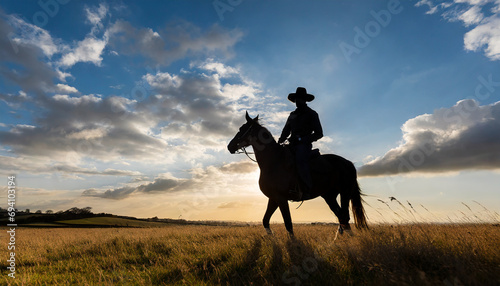 Silhouette art image of a cowboy riding a horse in a wide field © Merlin