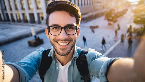 Smiling cheerful travel vlogger influencer streaming online lives to his followers during his journey travel in beautiful urban downtown travel destination travel ideas concept photo