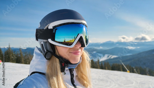 Snowboarder with action camera on a helmet. Close up Portrait of snowboarder in Carpathian Mountains, Bukovel Snowboarder. A mountain range reflected in the ski mask