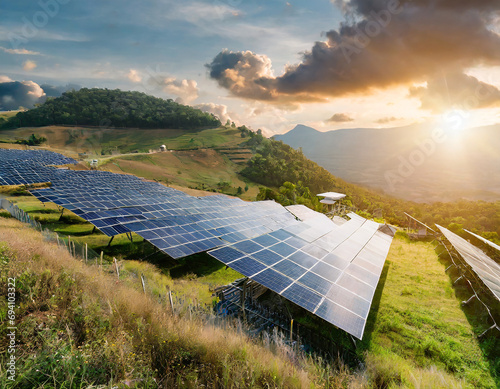 Solar cell farm power plant eco technology concept sunset on the mountain