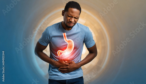 Stomach ache and epigastric abdominal pain, fire in the stomach. Symptoms of stomach acid reflux disease, digestive system problem. Gerd, gastritis. concept of good digestion photo