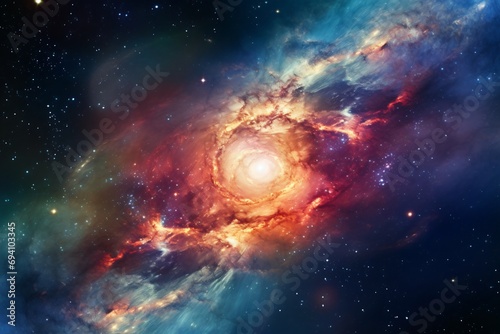 Spiral galaxy in vibrant nebula clouds. Celestial beauty with a dynamic mix of colors. Astronomy and space study. Design for scientific articles, educational materials, or cosmic wallpapers