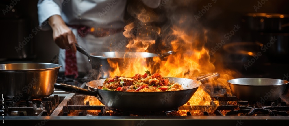 Cook in restaurant kitchen, flambeing food on stove with pan. Cook in restaurant kitchen, flambeing food on stove with pan.