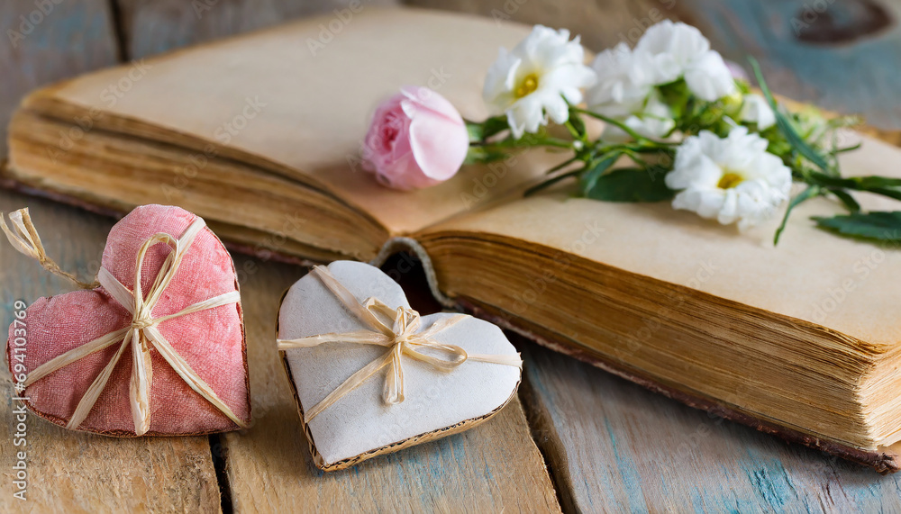 valentine card, two handmade hearts and old book with flowers