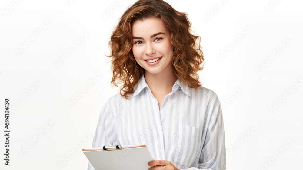 Pretty girl with a notepad in her hands on a light background Pretty girl with a notepad in her hands on a light background