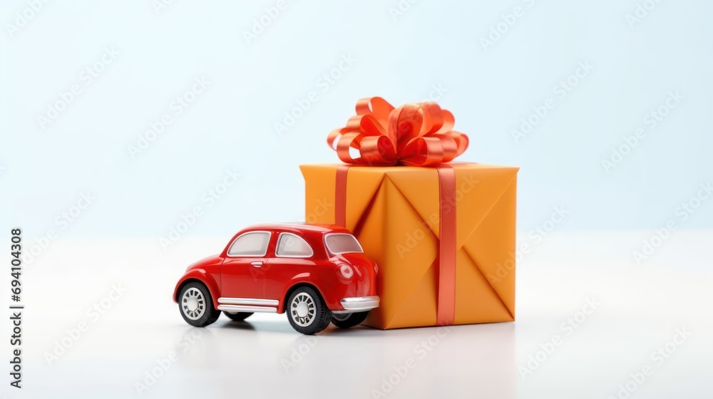 Toy car next to beautiful gift boxes on a light background and with space for text