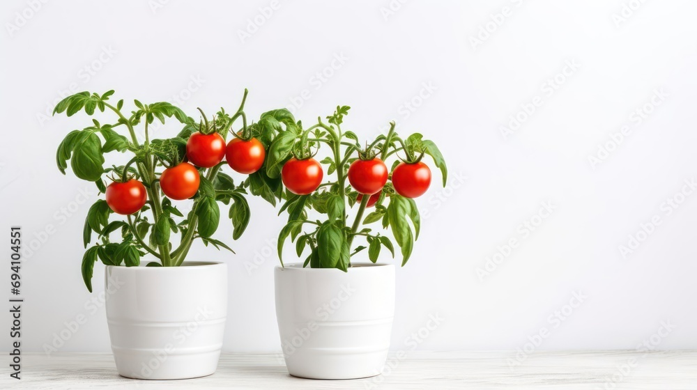 Pots with green seedlings of the tomatoes on a light background