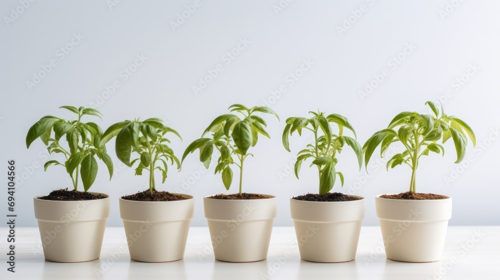Fototapeta premium Pots with green seedlings on a light background