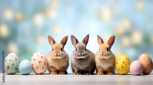 Rabbits and colored eggs on a light background with space for text. Easter holiday.