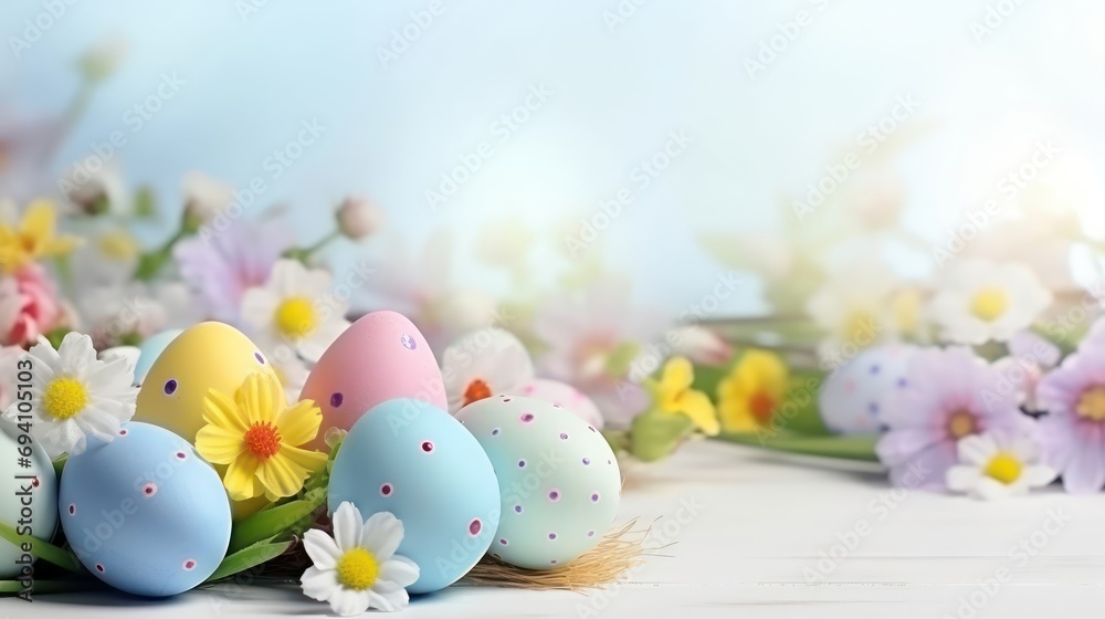 Colored eggs on a light background with space for text. Easter holiday.