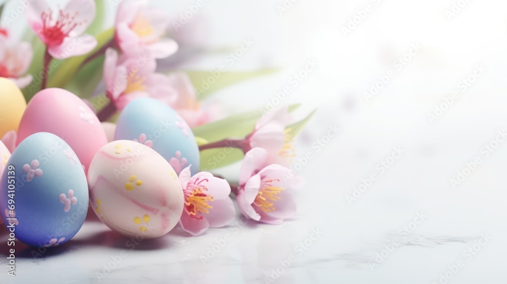 Colored eggs on a light background with space for text. Easter holiday.