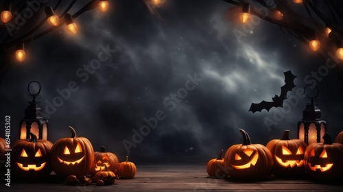 Pumpkins and bats on a dark background. Halloween holiday concept.