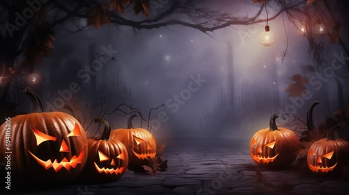 Pumpkins and bats on a dark background. Halloween holiday concept.