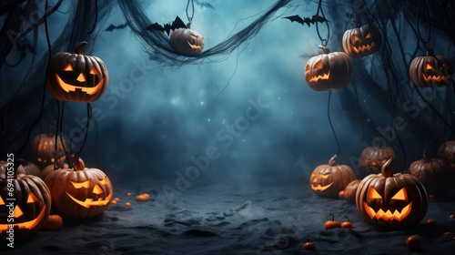 Pumpkins and bats on a dark background. Halloween holiday concept.