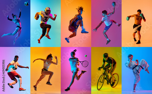 Collage with different young people, men and women, athletes of different sports in motion over multicolored background in neon light. Concept of professional sport, competition, championship, action
