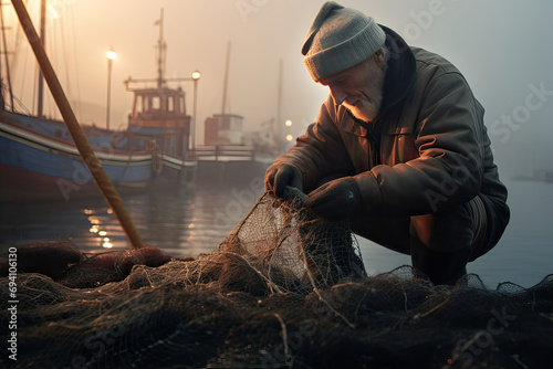 Man getting his fishing net ready