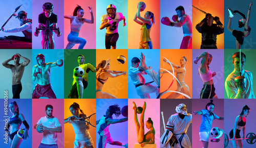 Collage. Athletic young people training, practicing different kind of sports over multicolored background in neon light. Concept of professional sport, competition, championship, action