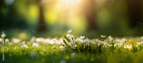 Spring background with grass and white flowers in the forest on a meadow on a sunny day on a blurred background