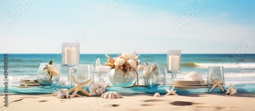 Beach event or wedding reception table decor.