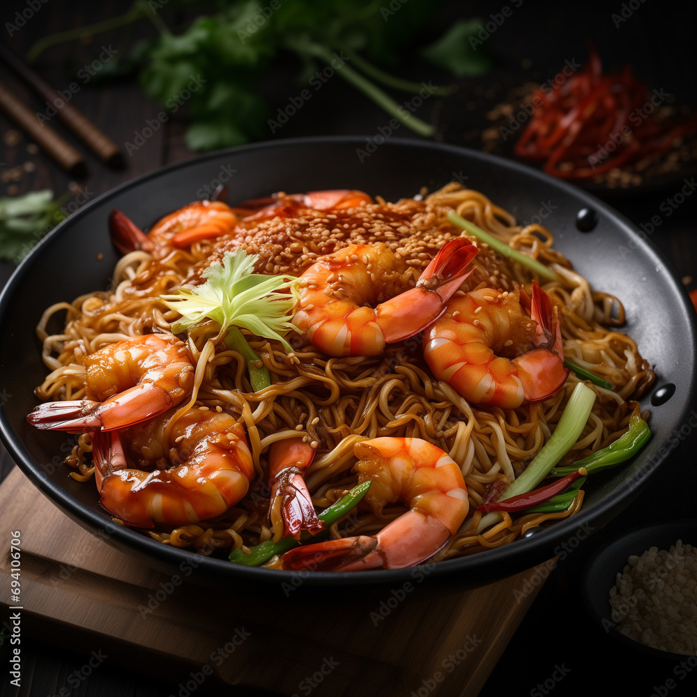 a photo of fried noodle with prawn a photo of fried noodle with prawn
