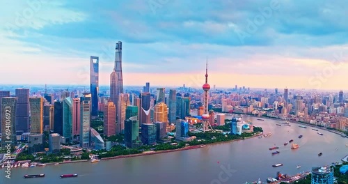 Aerial shot of Shanghai city financial district skyline and natural scenery in China. Creative category video without architectural logos photo