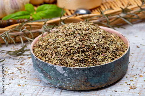 Herbes de Provence, mixture of dried herbs typical of the Provence region, blends often contain savory, marjoram, rosemary, thyme, oregano, lavender leaves, used with grilled food and stew © barmalini