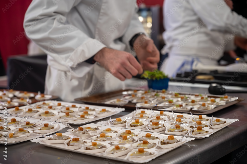 Degustation appetisers for visitors made by great chefs of high cuisine French restaurants, winter festival, Avenue de Champagne, Epernay, France Degustation appetisers for visitors made by great chefs of high cuisine French restaurants, winter festival, Avenue de Champagne, Epernay, France