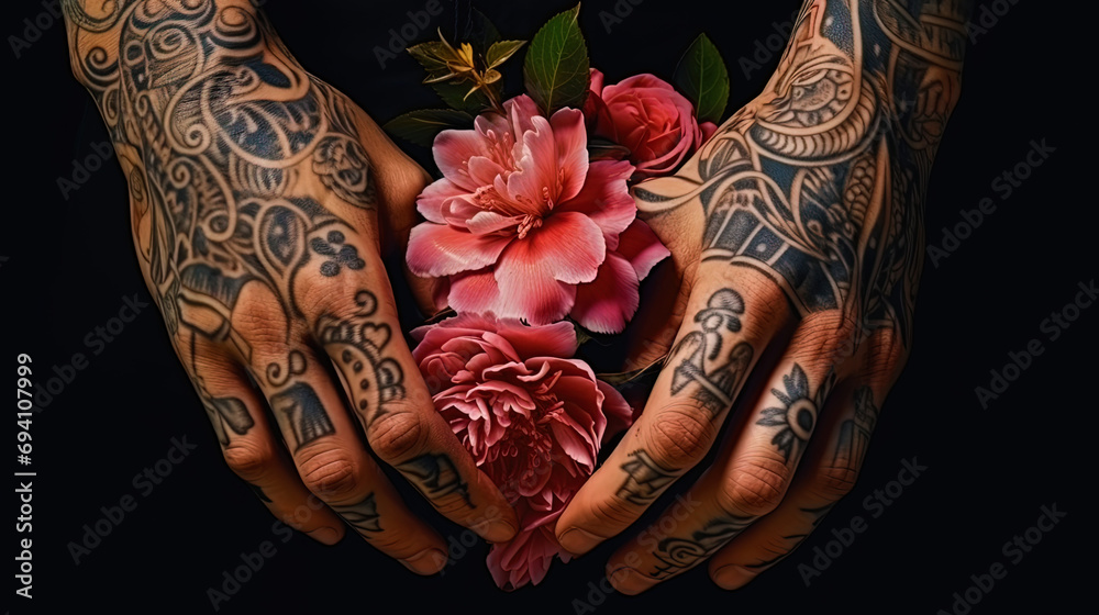 Stylish tattooed hands with floral patterns in a man
