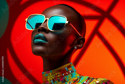 An African woman wearing colorful sunglasses.