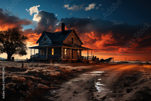 An abandoned wooden house stands at dusk in the countryside, under a dramatic orange sunset sky, creating an atmosphere of serene desolation.