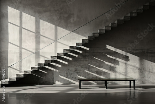 Monochromatic interior with a modern staircase casting dramatic geometric shadows in a minimalist setting.