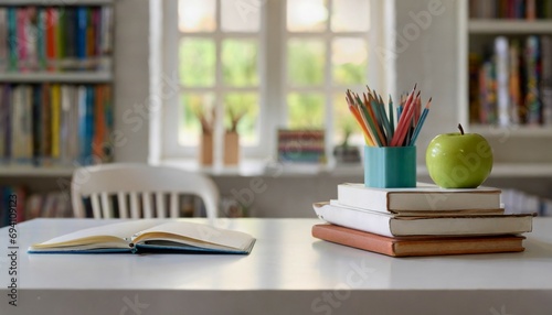 white table with books stationery and copy space in blurred study room