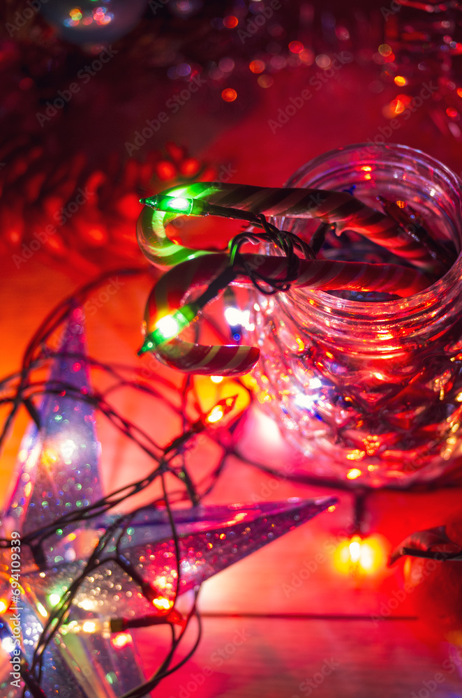 new year's lights garlands and toys decorations, Christmas preparations at home, selective focus new year's lights garlands and toys decorations, Christmas preparations at home, selective focus