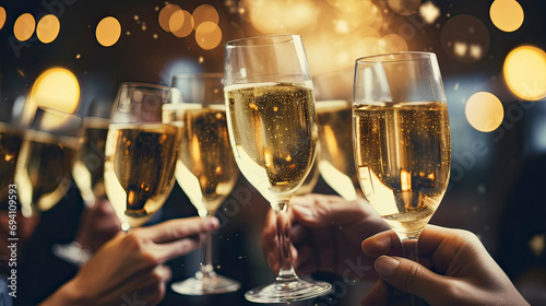 Christmas celebration. New Year party. Champagne and toast. New year toast. people toasting with champagne. photo
