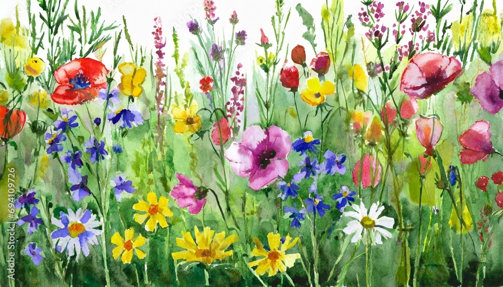 multicolored wildflowers watercolor field drawing summer generative ai