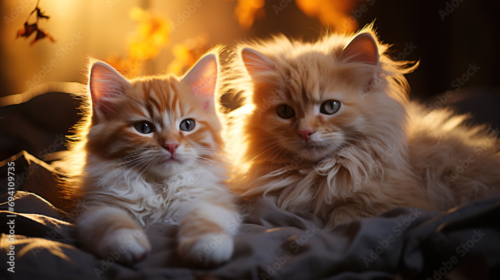 Two fluffy cats lying together indoors, bathed in warm golden light with a soft-focus background. Two fluffy cats lying together indoors, bathed in warm golden light with a soft-focus background.