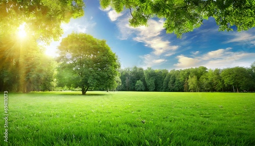 fresh air and beautiful natural landscape of meadow with green tree in the sunny day for summer background beautiful lanscape of grass field with forest trees and enviroment public park with sun ray