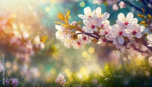 spring nature easter art background with blossom beautiful nature scene with blooming flowers tree and sun vertical art spring flowers beautiful orchard abstract blurred background springtime © Pauline